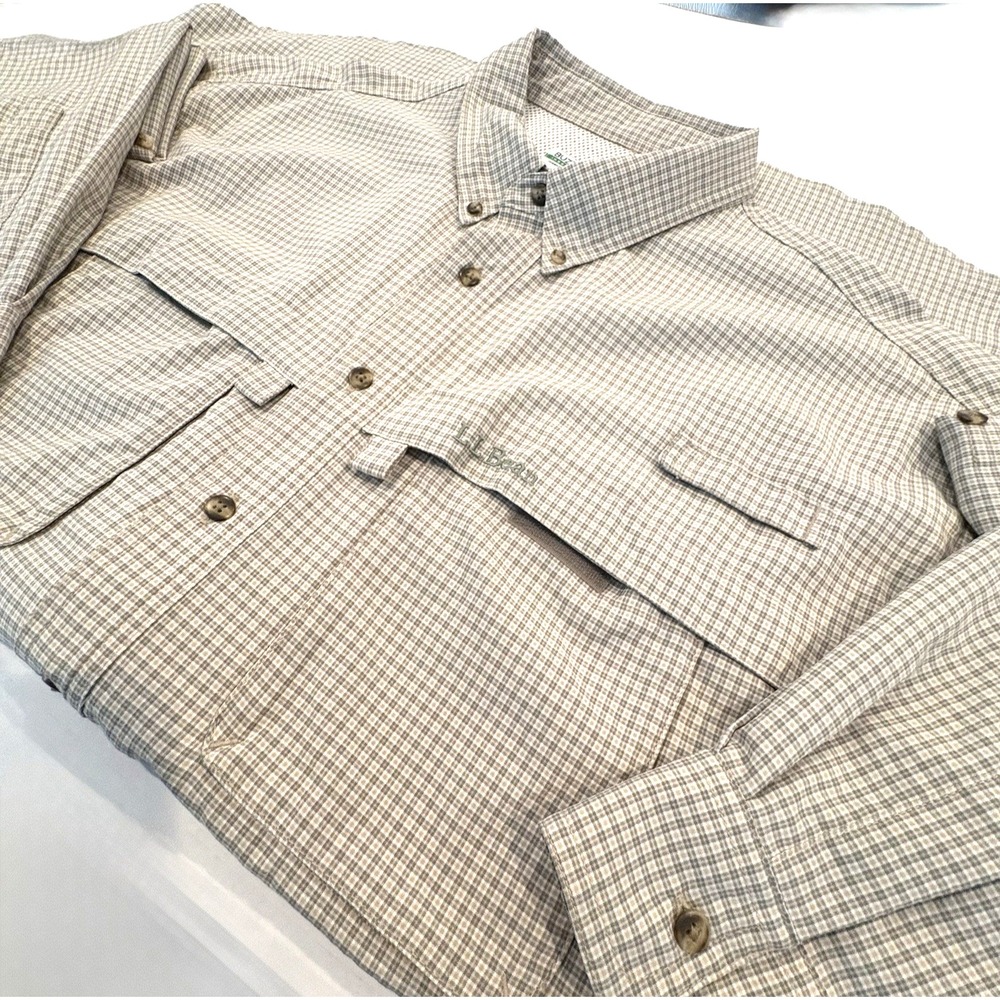 L.L. Bean Buzz Off Insect Shield Vintage Blue Plaid XL‎ Button Poly Shirt Hiking